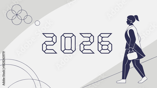 Illustration showing woman walking towards the year 2026 with geometric shapes in the background design