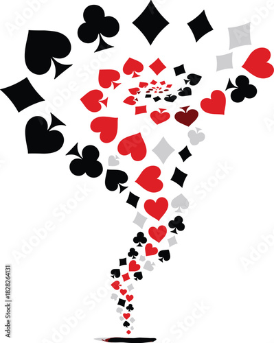 Tornado of playing card suits, spade heart diamond club, gambling swirl, casino vector illustration, isolated on white background.