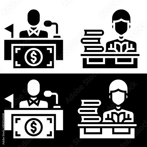 Financial Orator and Education Icon Public Speaking, Budget Speech, and Academic Research Vectors