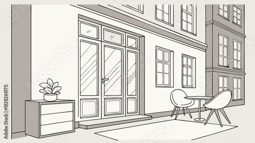 Illustration of a building facade with a door, windows, furniture and a potted plant outside space