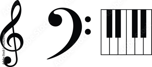 Musical symbols set, treble clef, bass clef, piano keyboard keys, vector illustration, music notation design, isolated on white background.