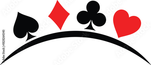 Playing card suits, spades, diamonds, clubs, hearts, vector illustration, gambling symbols, casino design, curved line arrangement, isolated on white background.