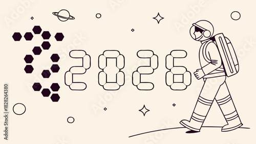 Illustration of an astronaut walking on a surface next to the year two thousand twenty five in space art