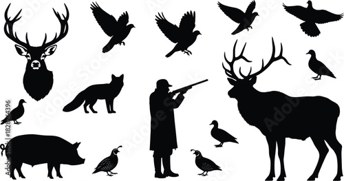 Hunting silhouettes set, hunter with gun, deer stag, fox, wild boar, birds and duck, vector illustration.