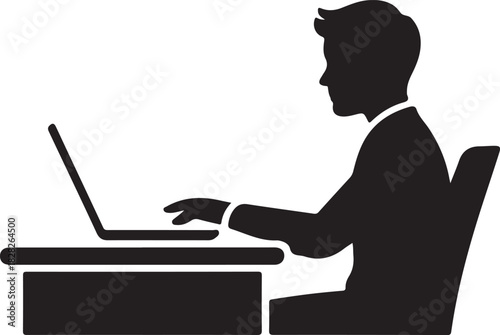 Office worker vector icon isolated on white background. Working place at the table with a laptop. Flat work computer icon