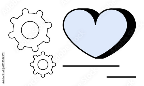 Light blue heart beside two gears emphasizing love, technology, and teamwork processes. Ideal for relationship management, innovation, engineering, partnership, emotional intelligence, healthcare