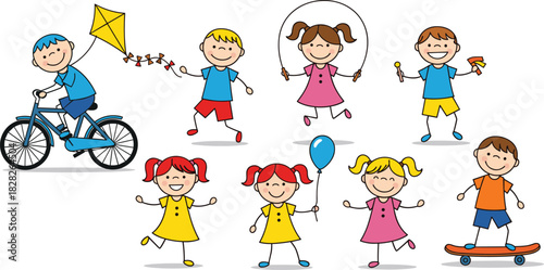 Set of happy cartoon children playing, riding bike, flying kite, skateboarding, jumping rope, holding balloon, vector illustration isolated.