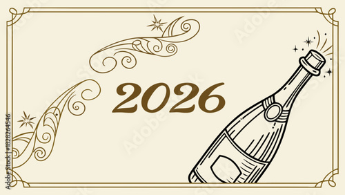 Illustration of a champagne bottle with swirls and stars inside a decorative frame for the year 2026