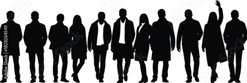 Crowd of people silhouettes, men and women standing in row, winter coats and jackets, business team isolated on white background.