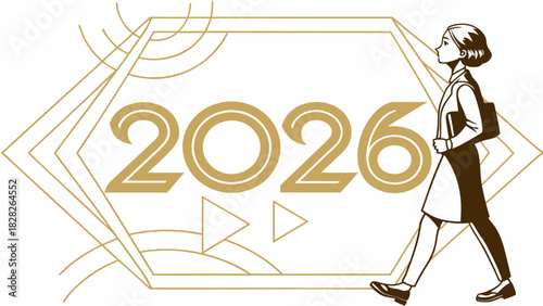 Illustration of a woman walking towards the year two thousand twenty six with geometric background design