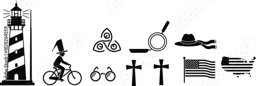 Set of black and white silhouette icons, lighthouse, wizard on bike, celtic knot, frying pan, hat, scarf, glasses, crosses, usa flag and map.