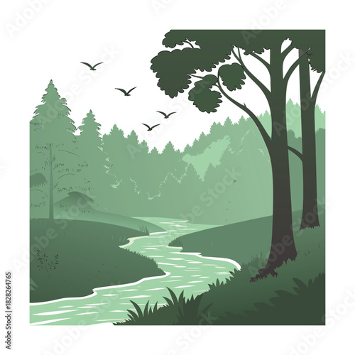 A serene landscape unfolds with a winding river flowing through lush green hills, framed by towering trees and a distant forest, while birds soar gracefully in the sky above, creating a peaceful scene