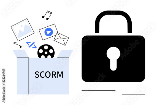 SCORM box containing videos, emails, photos, and code paired with a lock depicting secure e-learning delivery. Ideal for online learning, content security, education software, LMS, compliance data