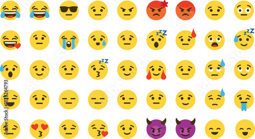 Colorful expressive emoji faces collection showing various emotions, reactions, moods, feelings, communication symbols, digital icons for messaging and social media