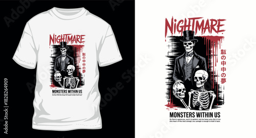 Creepy nightmare design featuring skeleton in suit and skull for apparel