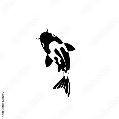 Black and white koi fish illustration with flowing tail.