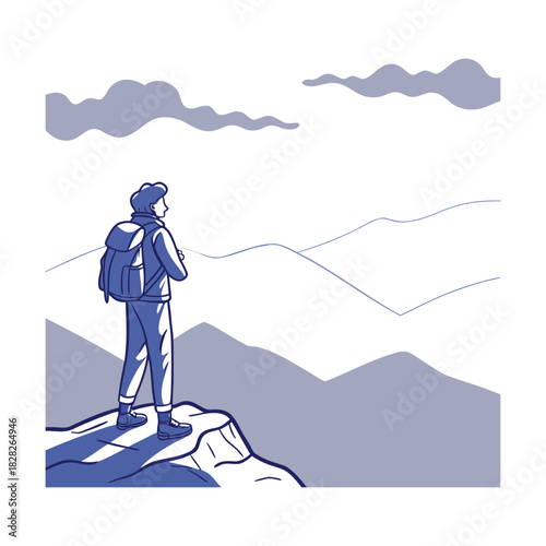 A lone hiker stands atop a rocky precipice, gazing out at the majestic mountain range in the distance, with wisps of clouds drifting lazily across the vast expanse of the sky above