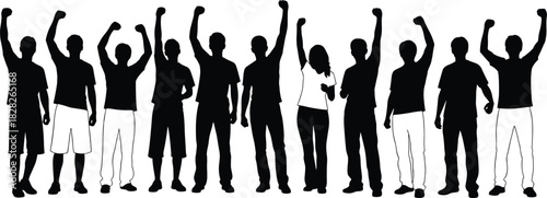 Silhouette of diverse group of people raising fists, celebrating victory, protest, revolution, unity, team spirit, freedom, success, black and white