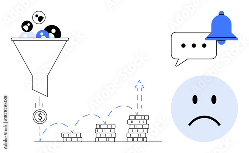 Customer attrition concept. Visual elements of customer loss, including a funnel, dropping coins, and sad face highlight customer attrition challenges. Useful for marketing, sales, finance, business