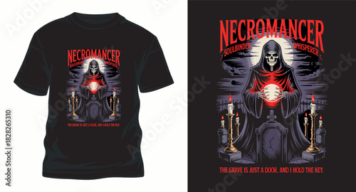 Necromancer soulbinder whisperer skeleton in robe vector illustration for t-shirt