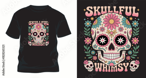 Skullful whimsy sugar skull with flowers for apparel vector illustration