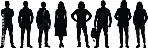 Set of young people silhouettes standing in casual clothes, diverse group of men and women, vector illustration.