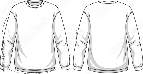 Crewneck Sweatshirt Flat Technical CAD Vector Top View Fashion Apparel Design Template