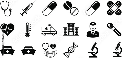 Medical healthcare icons set featuring stethoscope, syringe, pills, ambulance, hospital, doctor, and microscope black vector symbols for emergency medicine projects.