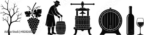 Vector silhouette set of winemaking process elements, grape vine, wine press, barrel, bottle, glass and winemaker icon collection