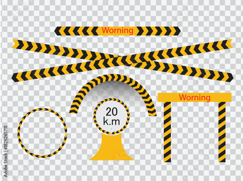 Collection of yellow and black warning barrier tapes, caution stripes, speed limit sign, and danger zone elements. Ideal for construction, road safety, and restricted area concepts.