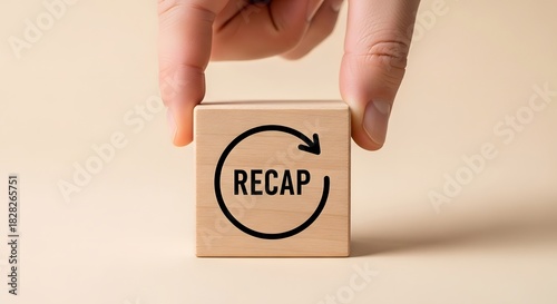 Hand holding wooden block with recap symbol on neutral background