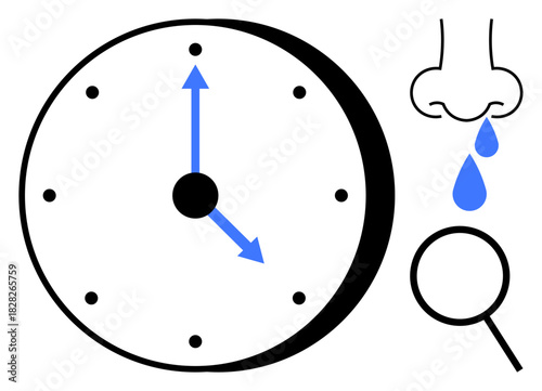 Large clock with blue arrows, nose dripping water, and magnifying glass. Ideal for health, punctuality, time management, medical issues, seasonal changes, allergen awareness simple flat metaphor