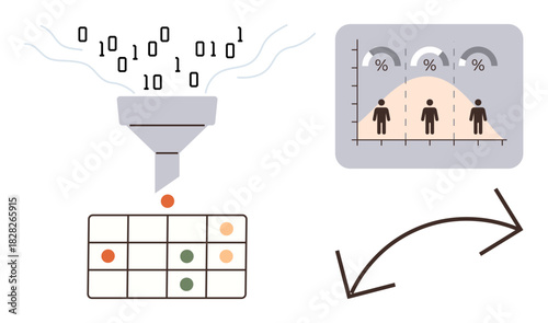 Funnel sorting binary data into a grid, statistical analysis graph with human silhouettes, percentages, curved arrow. Ideal for data processing, analytics, AI, automation, statistics machine