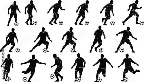 Soccer player silhouettes set, football athletes vector collection, isolated black sports figures kicking ball, dribbling action bundle.