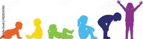 Colorful vector silhouettes of children showing growth stages, from baby crawling to child standing, rainbow colors, development, illustration, isolated on white.