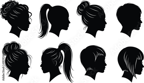 Vector collection of beautiful woman head silhouettes with various hairstyles, fashion female profile icons set, black beauty salon logo elements.