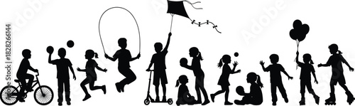 Children playing outdoors silhouette, kids activities, biking, skipping rope, flying kite, playing ball, outdoor fun, childhood joy, active lifestyle