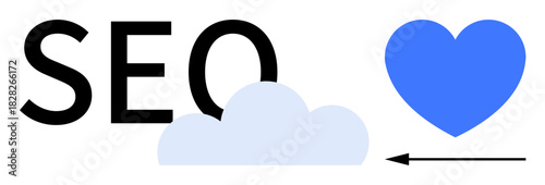 SEO concept. SEO word with a cloud and blue heart symbol optimization, strategy, and growth. SEO s strong connections and effective digital presence. For marketing, branding, analytics, digital