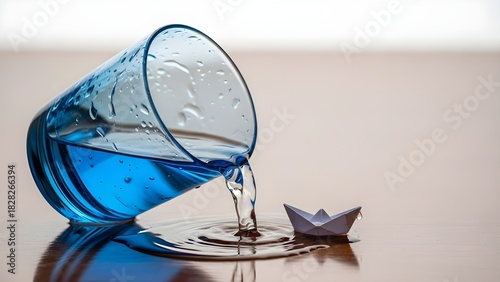 glass with water dan kapal kertas disamping nya 