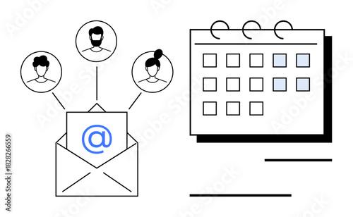 Envelope with email symbol linking three profiles, accompanied by a calendar with highlighted dates. Ideal for teamwork, communication, scheduling, networking, collaboration, planning, organization