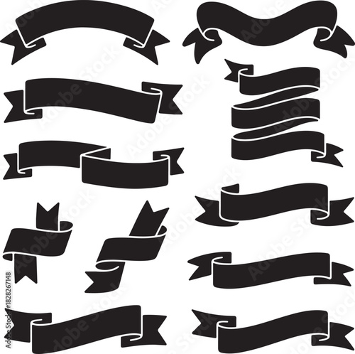 A collection of seven different black silhouette ribbon banners and ancient scrolls on a white background