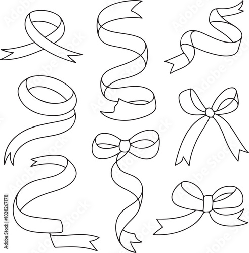 A collection of seven different black silhouette ribbon banners and ancient scrolls on a white background