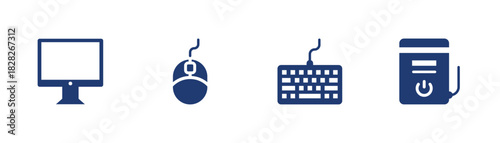 Computer device icon set. Monitor mouse keyboard CPU solid style, vector illustration