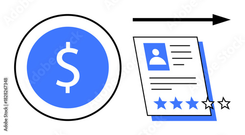 Dollar coin alongside a rated profile document with an arrow indicating progression. Ideal for recruitment, finance, rating systems, evaluation, business investment, career growth, simple flat