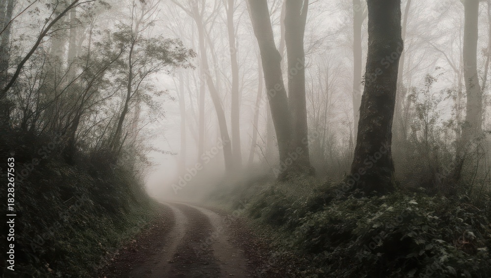 Naklejka premium Misty Forest Path on a Foggy Morning with Sunlight Filtering Through Trees.
