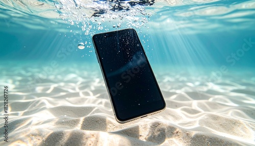 Obraz w ramie 海中に水没したスマートフォンのトラブルイメージ スマホの故障