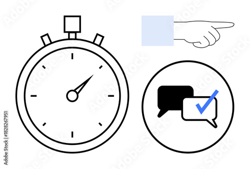 Stopwatch, upward-pointing hand, chat bubbles, and check mark. Ideal for time management, deadlines, decisions, communication focus productivity teamwork. A simple flat metaphor