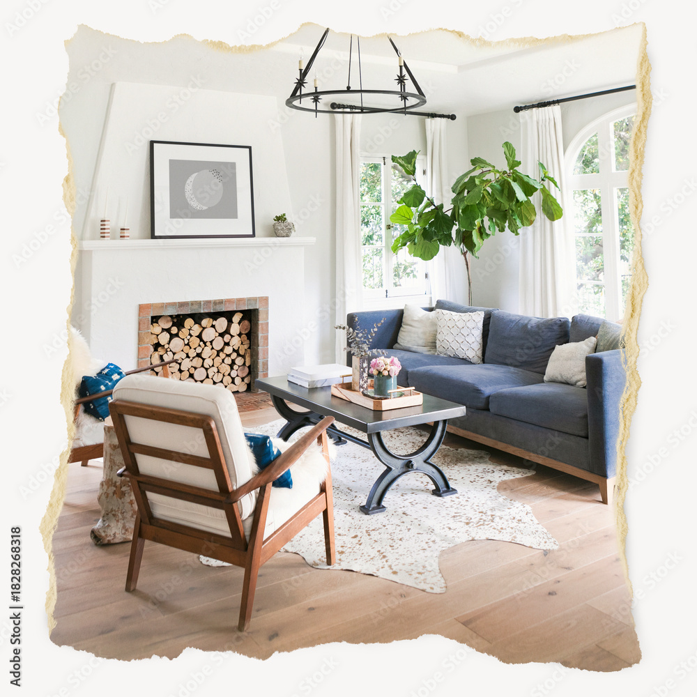 Fototapeta premium Cozy living room, ripped paper, interior image