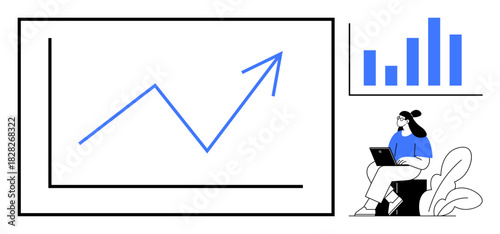 Business analytics. Bold charts growth and progress with a person analyzing data on a laptop. Business analytics supports strategic decisions, performance analysis, market trends, and planning