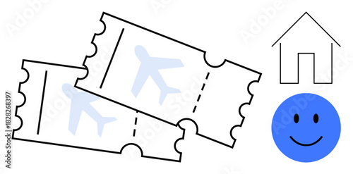 Air travel concept. Two airline tickets travel and vacations, paired with home and smiling face icons. Air travel highlights planning, comfort, and adventure. For tourism, vacation planning, online